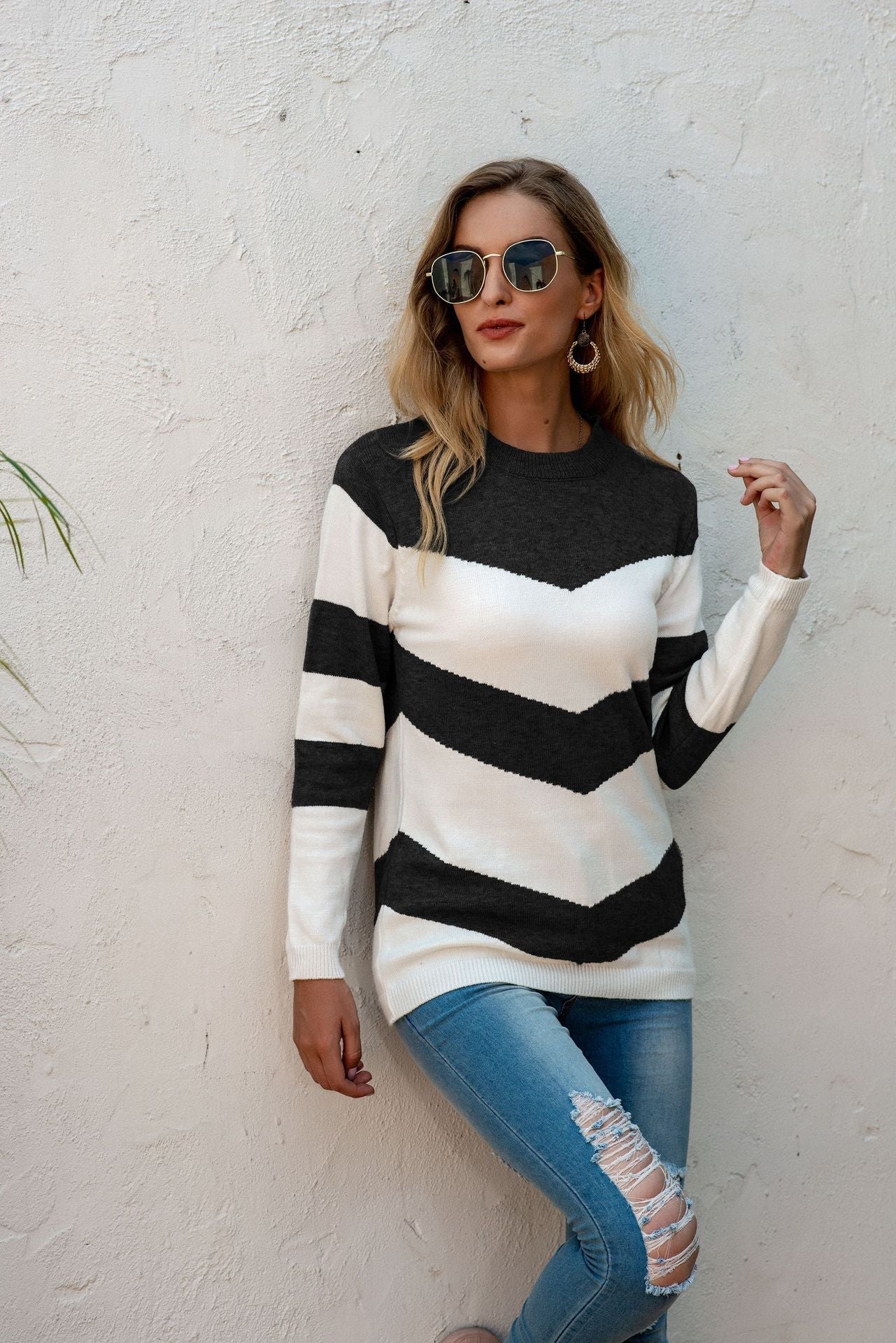 Pull Femme Décontracté à Motif Zigzag 1
