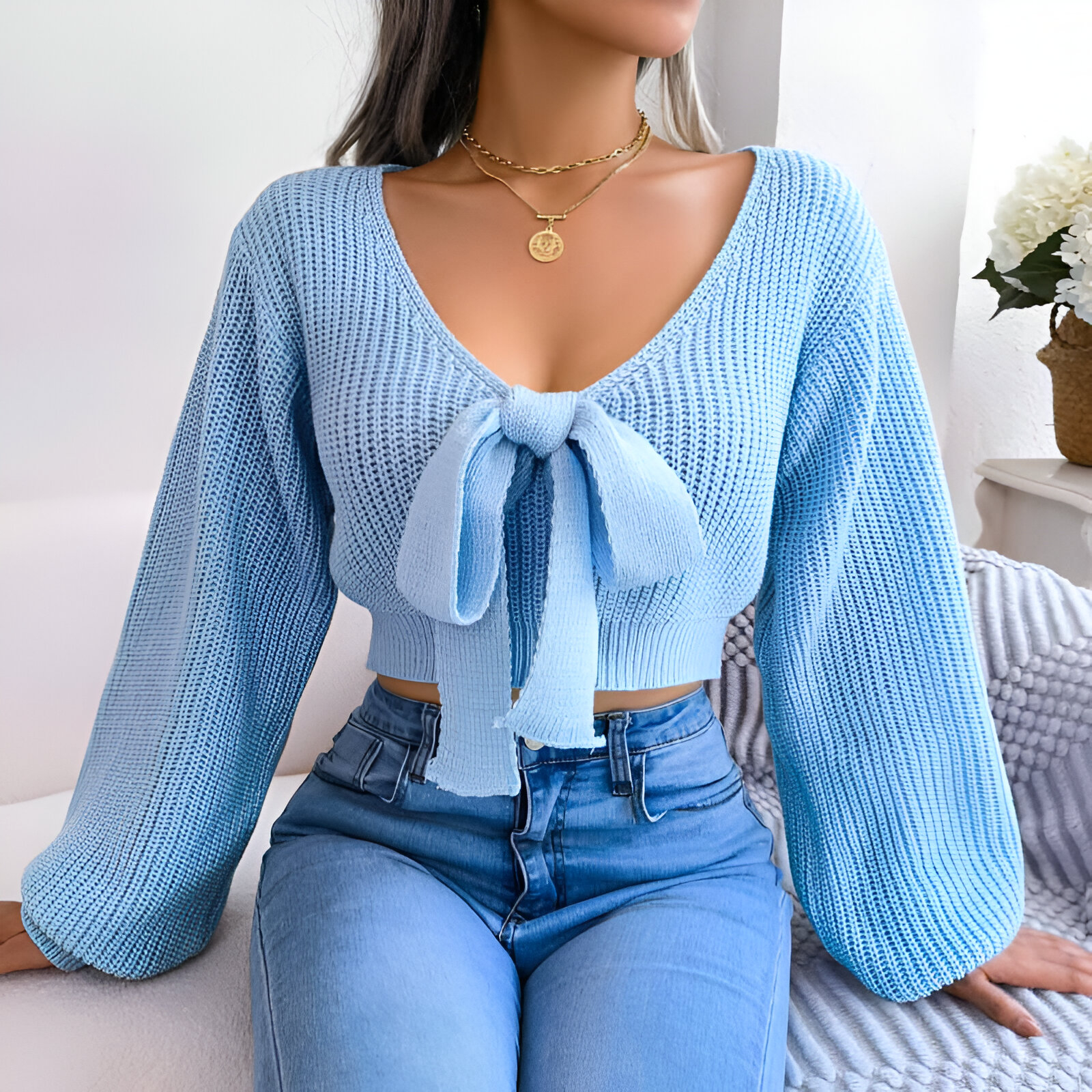 Pull Femme à Col en V Coton Polyester Manches Longues