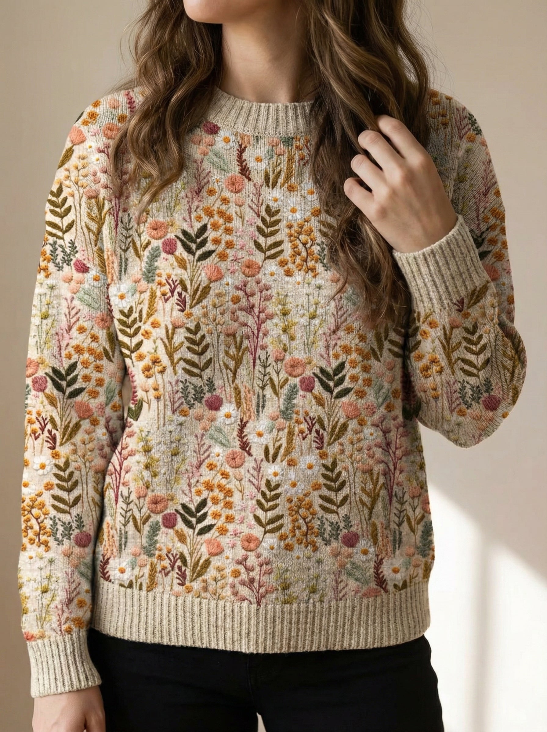 Bestickter Damenpullover mit Blumenmuster Wolle Bequemer Alltag