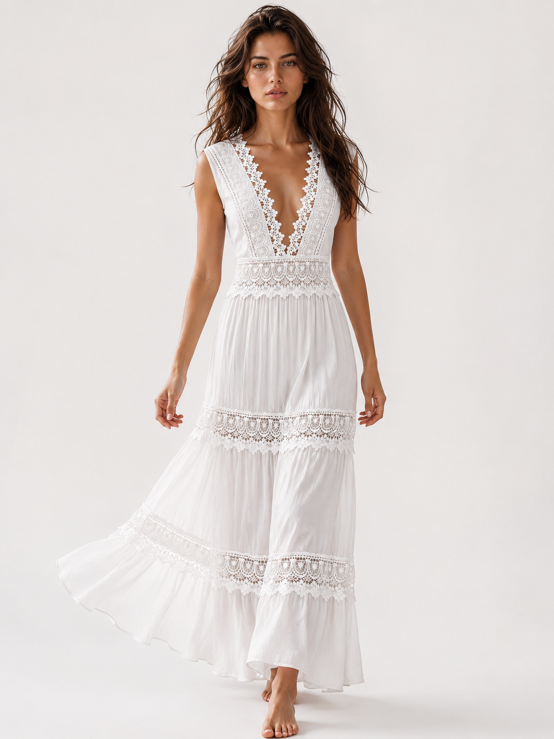 Robe Longue Femme Sans Manches avec Dentelle et Col V