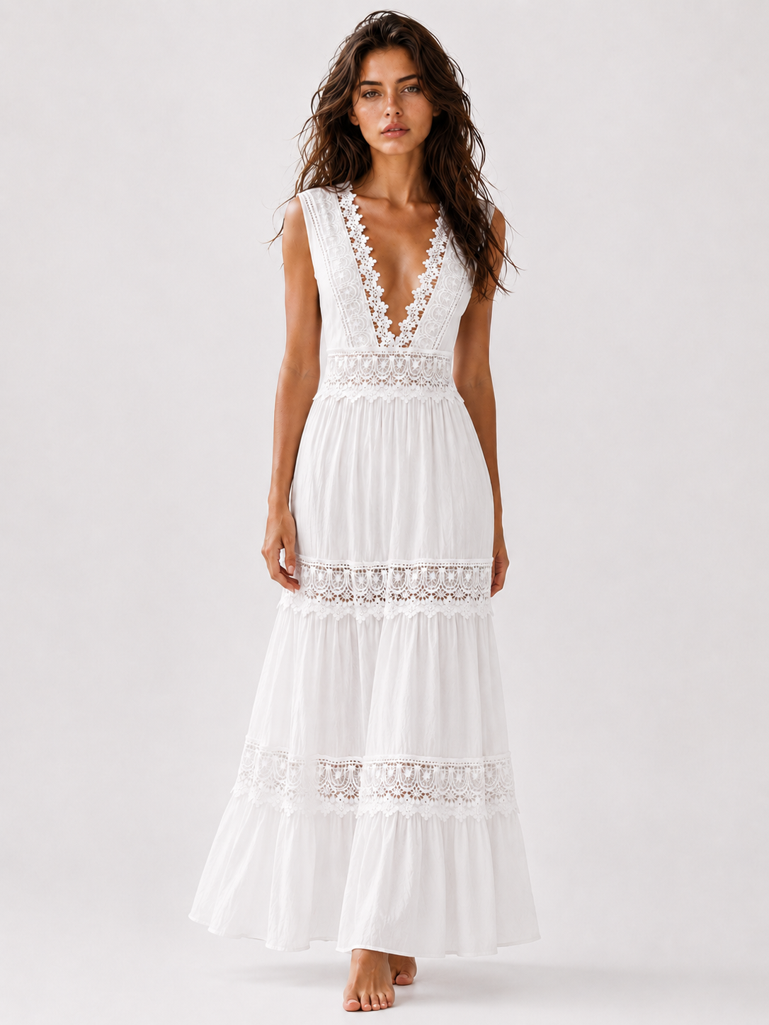 Robe Longue Femme Sans Manches avec Dentelle et Col V