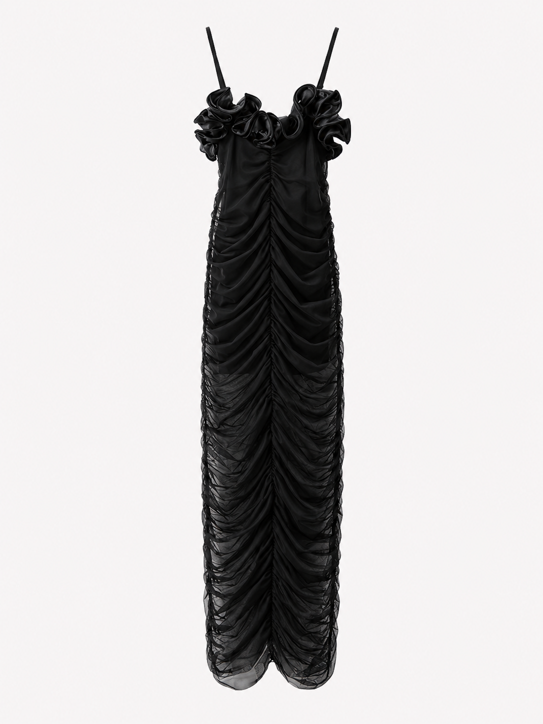Robe Longue Femme à Bretelles Fines avec Fleurs 3D et Effet Froncé