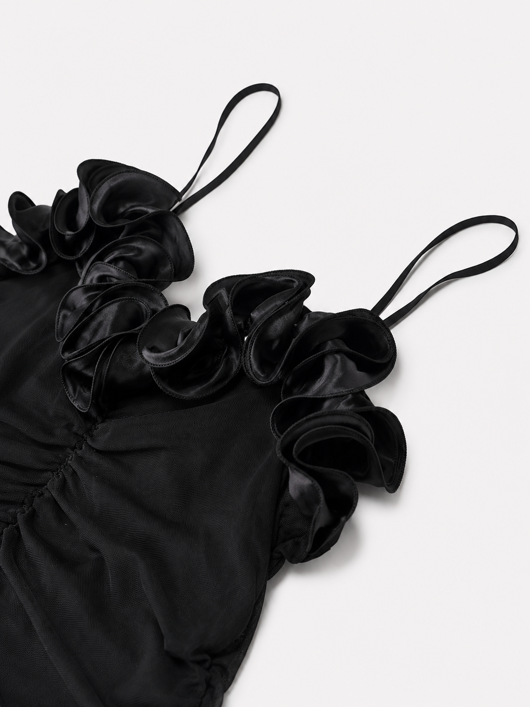 Robe Longue Femme à Bretelles Fines avec Fleurs 3D et Effet Froncé