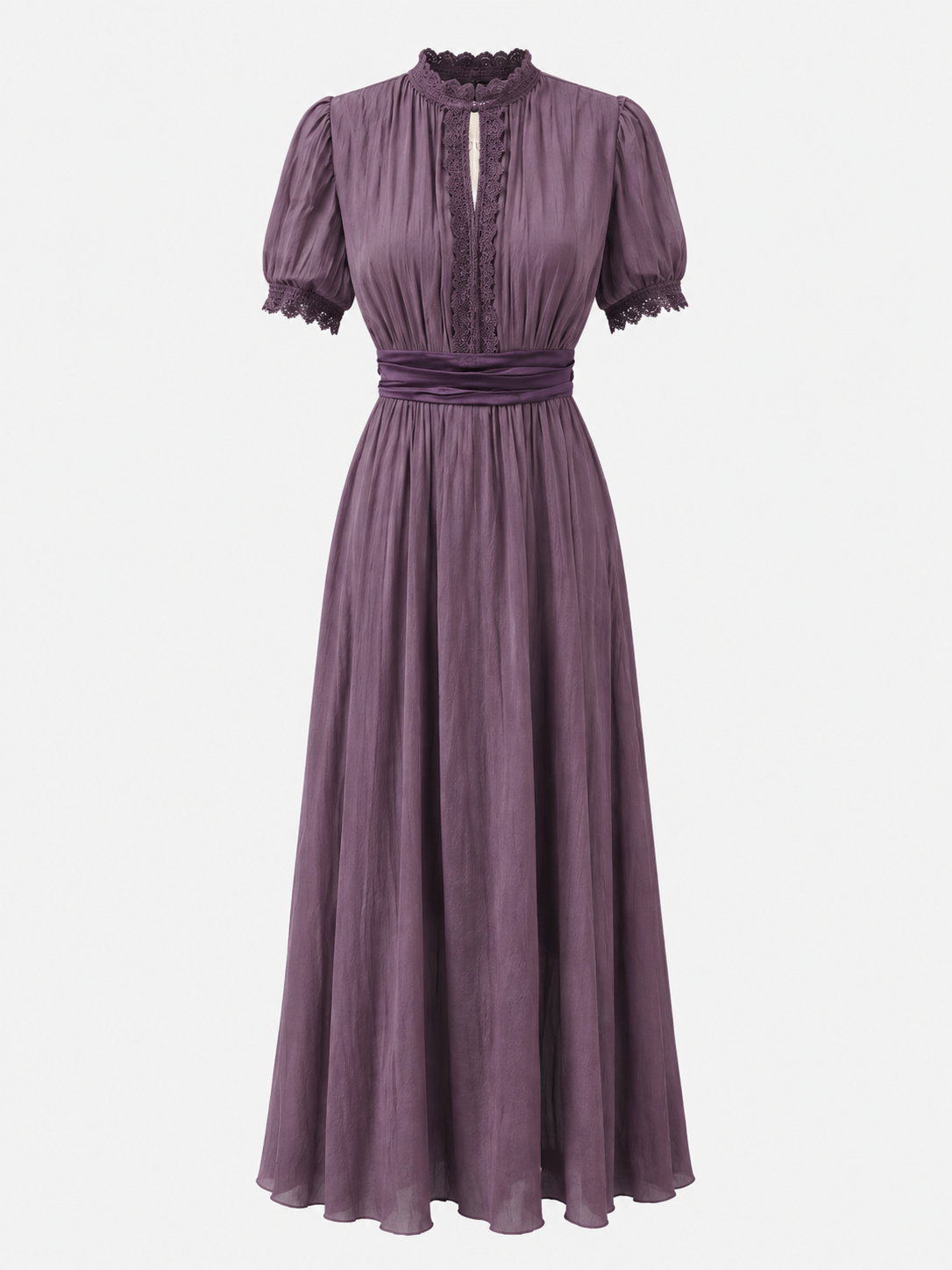 Langes Damenkleid aus Polyester und Spandex mit Spitze und geraffter Taille
