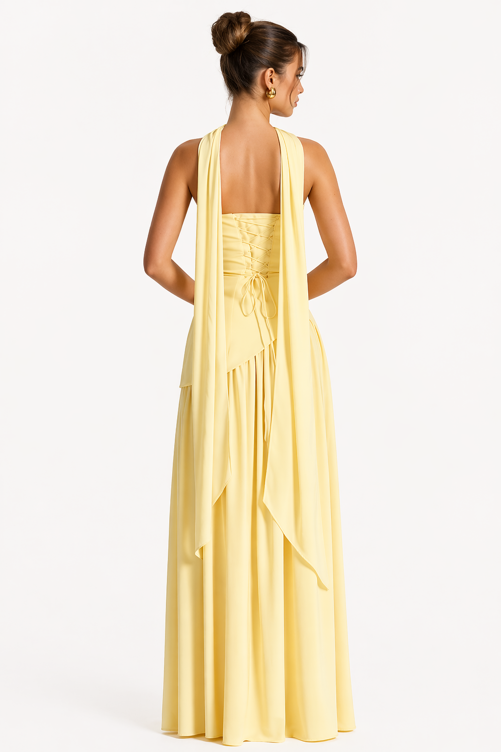 Robe Longue Fendue Femme avec Dos Lacé et Écharpe Assortie