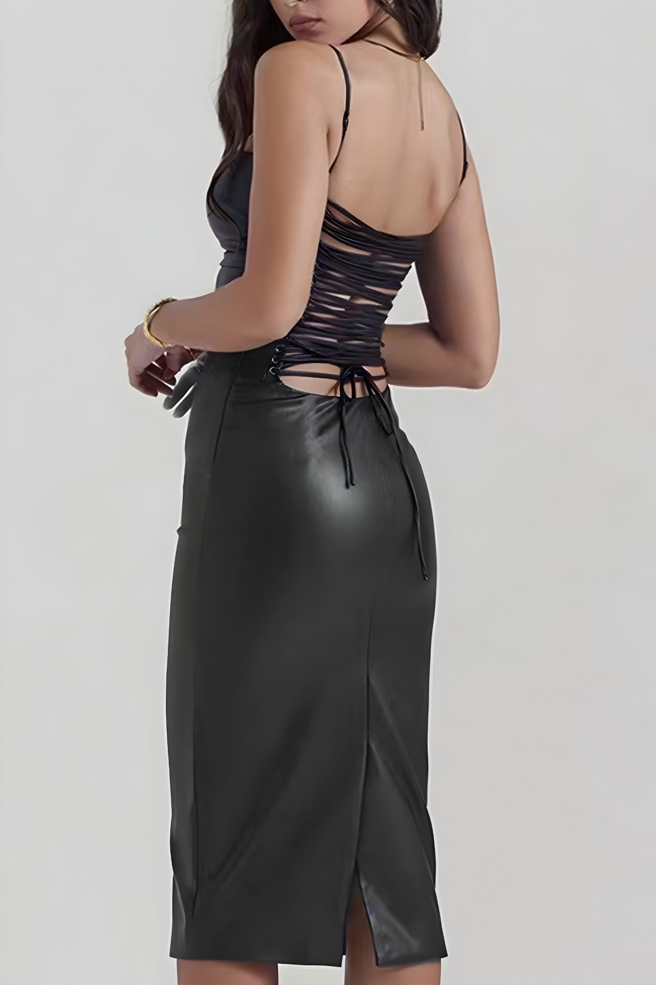 Robe Midi Élégante en Simili Cuir Femme Look Chic