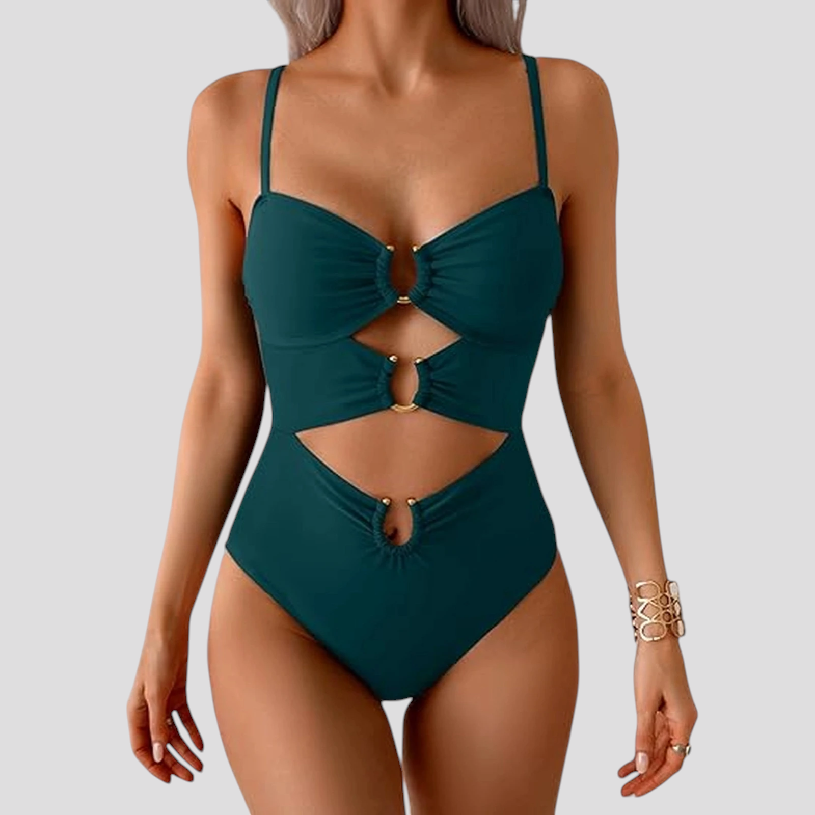 Sexy goldener einteiliger Badeanzug für Damen, tiefer Ausschnitt &