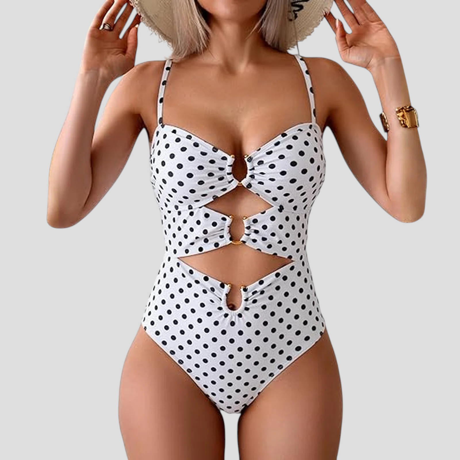 Sexy goldener einteiliger Badeanzug für Damen, tiefer Ausschnitt &
