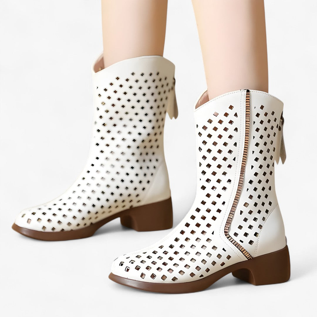 Atmungsaktive, halbhohe Damenstiefel aus echtem Leder mit Perforation