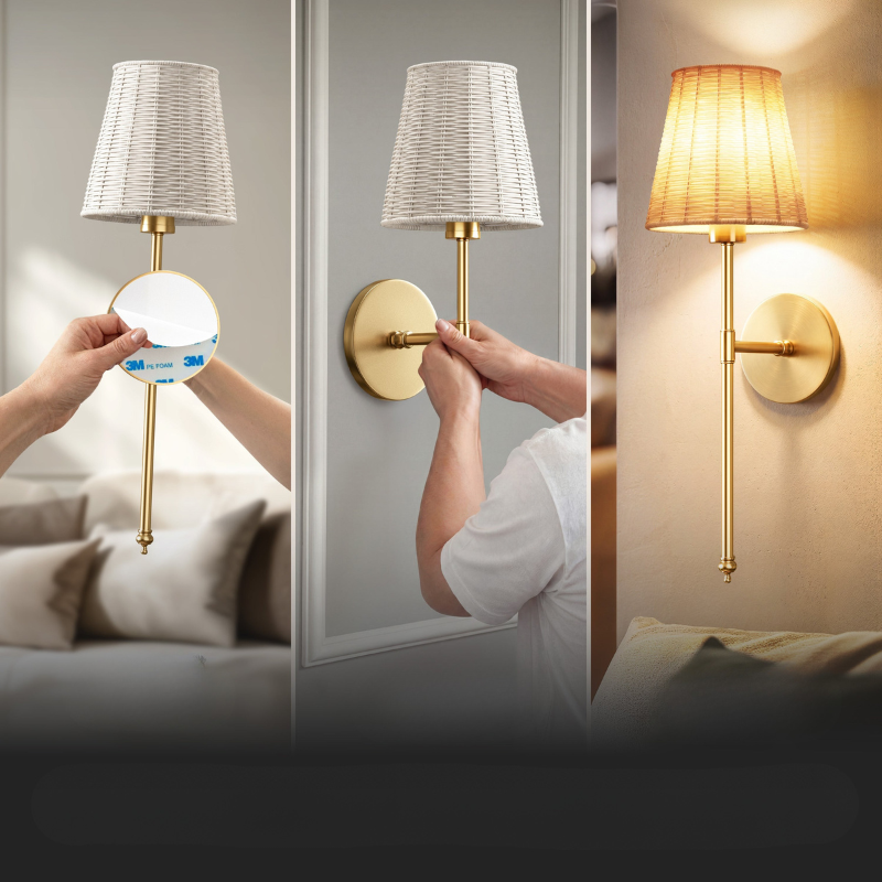 Appliques murales sans fil - Lot de 2, Bras long, Abat-jour textile