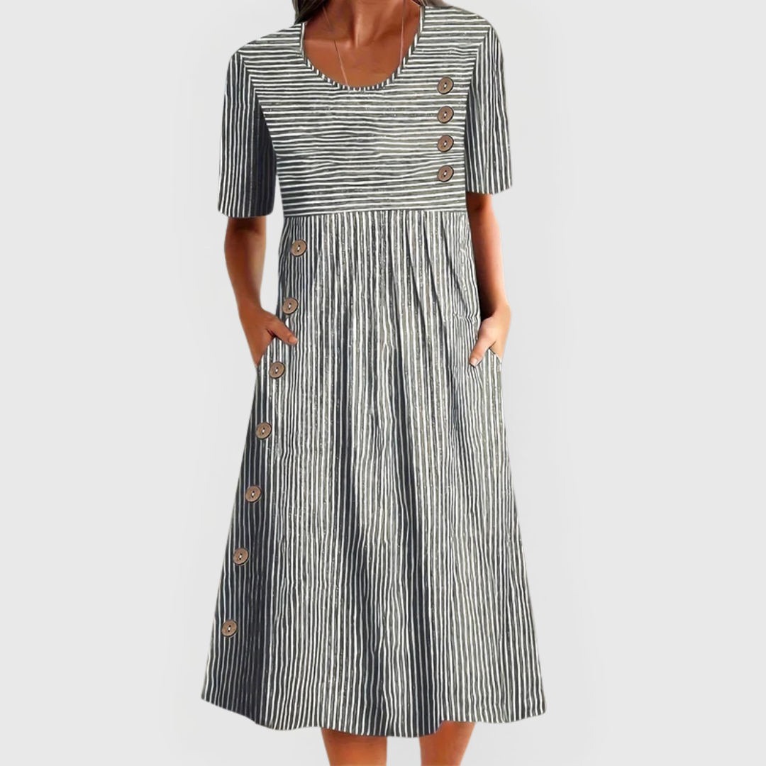 Robe midi femme rayée boutonnée décontractée avec poches