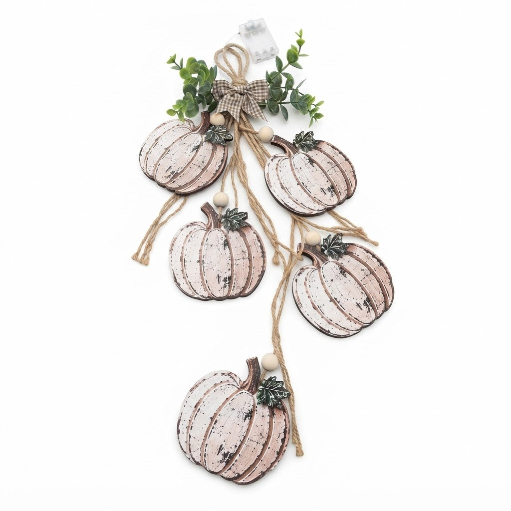 Suspension de Porte Citrouille en Bois - Lot de 5 avec Nœud Écossais