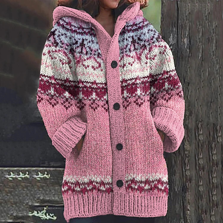 Cardigan en Maille à Capuche Femme Motif Fair Isle