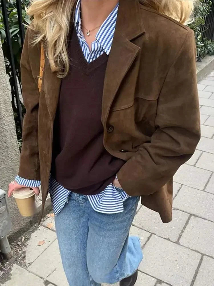 Blazer Oversize Femme - Effet Daim Marron avec Col Revers