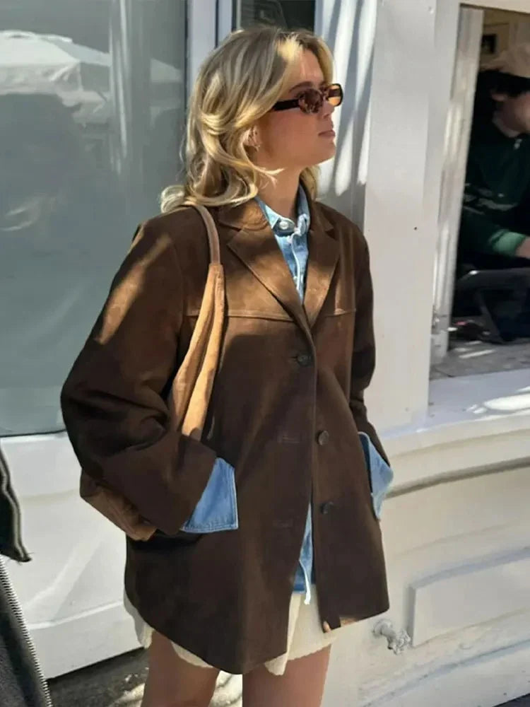 Blazer Oversize Femme - Effet Daim Marron avec Col Revers