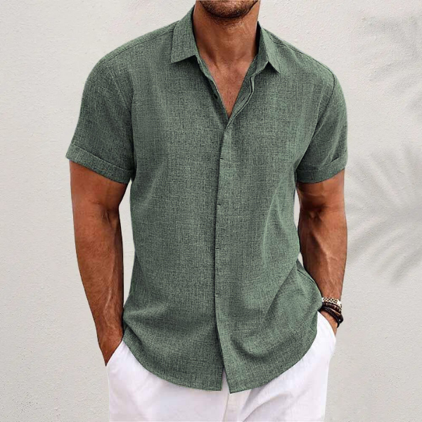 Camicia Lino Uomo Maniche Corte - Stile Estivo e Traspirante - Verde Militare - abbigliamento estivo camicia traspirante camicia uomo lino comfort estivo maniche corte uomo moda mare uomo stile casual uomo