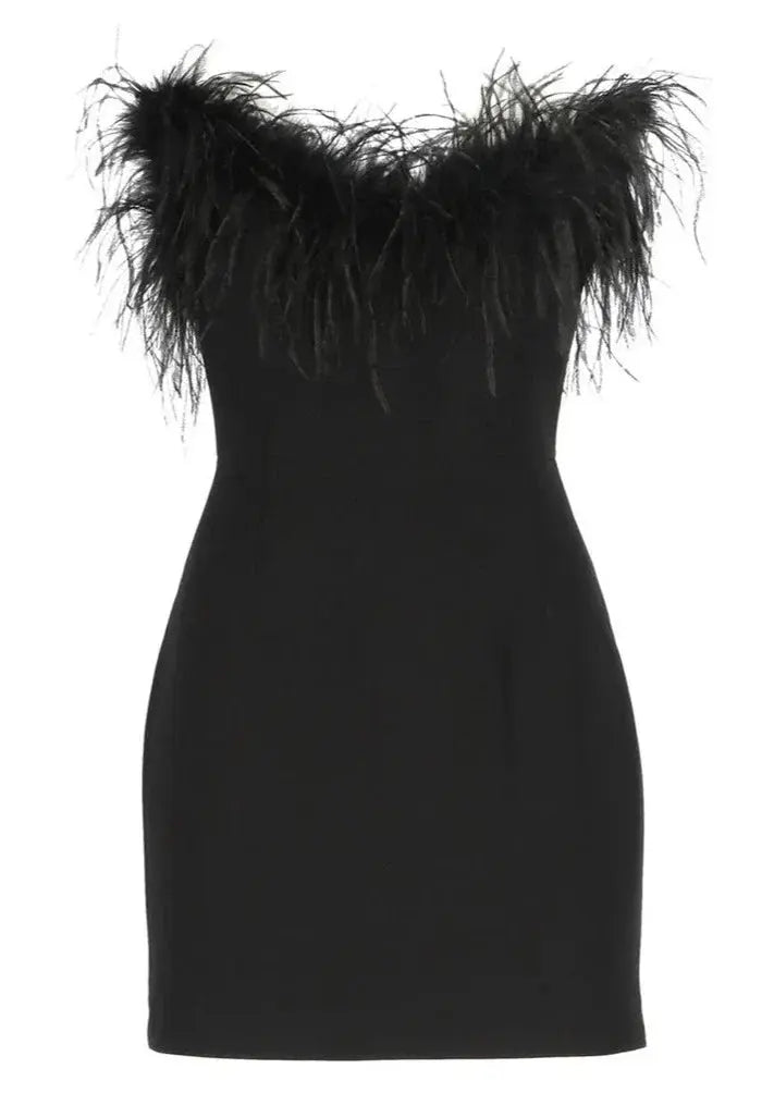 dresses : Camilla – Mini Robe Glamour à épaules dénudées avec Accent de Plumes in van Seroa