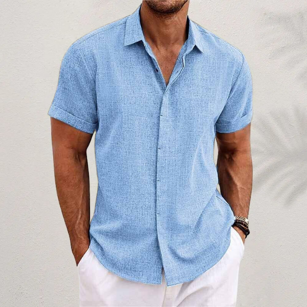 Camicia Lino Uomo Maniche Corte - Stile Estivo e Traspirante - Azzurro - abbigliamento estivo camicia traspirante camicia uomo lino comfort estivo maniche corte uomo moda mare uomo stile casual uomo