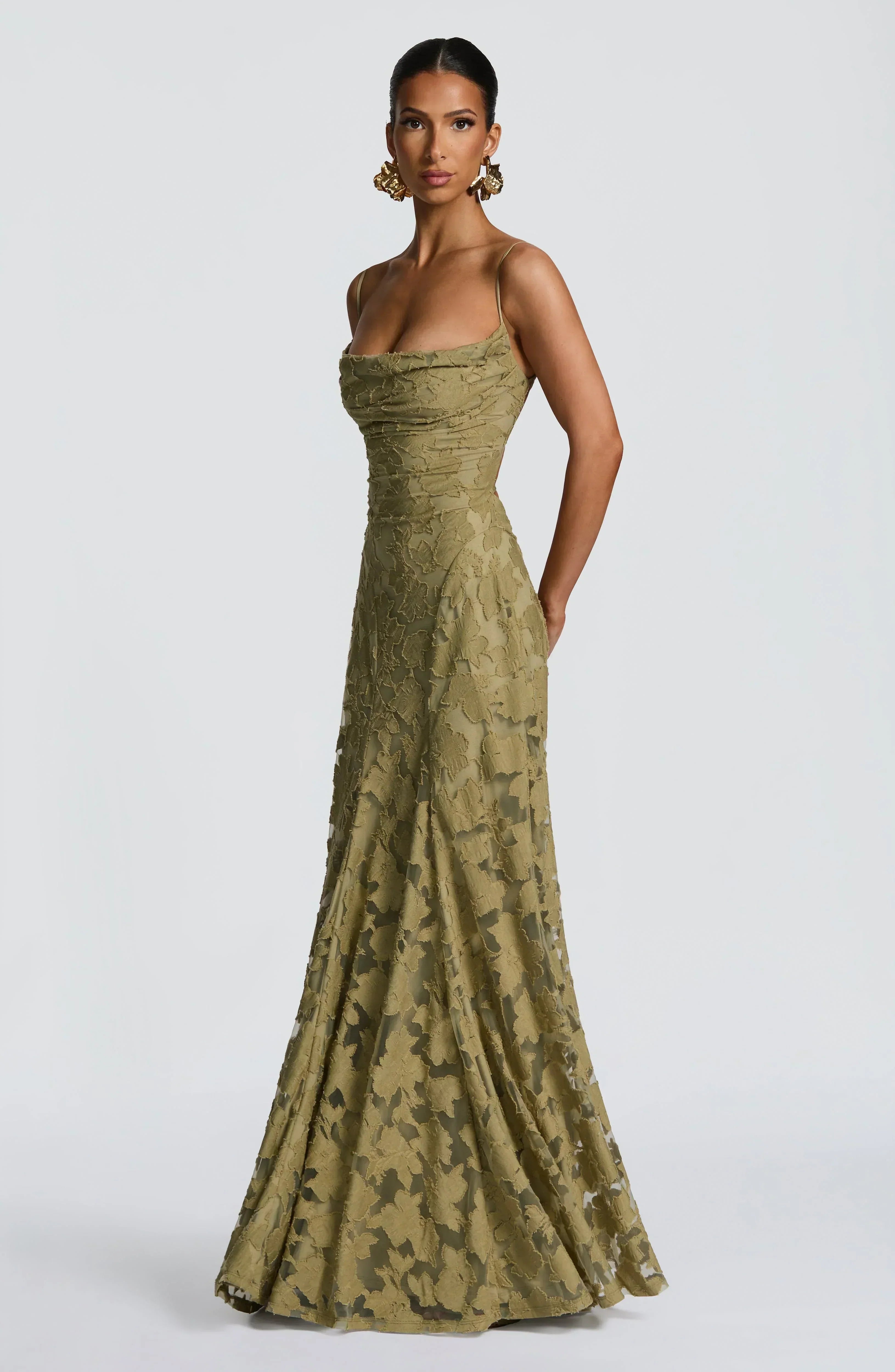Langes schwarzes Aveline Kleid aus Spitze und Satin für Damen
