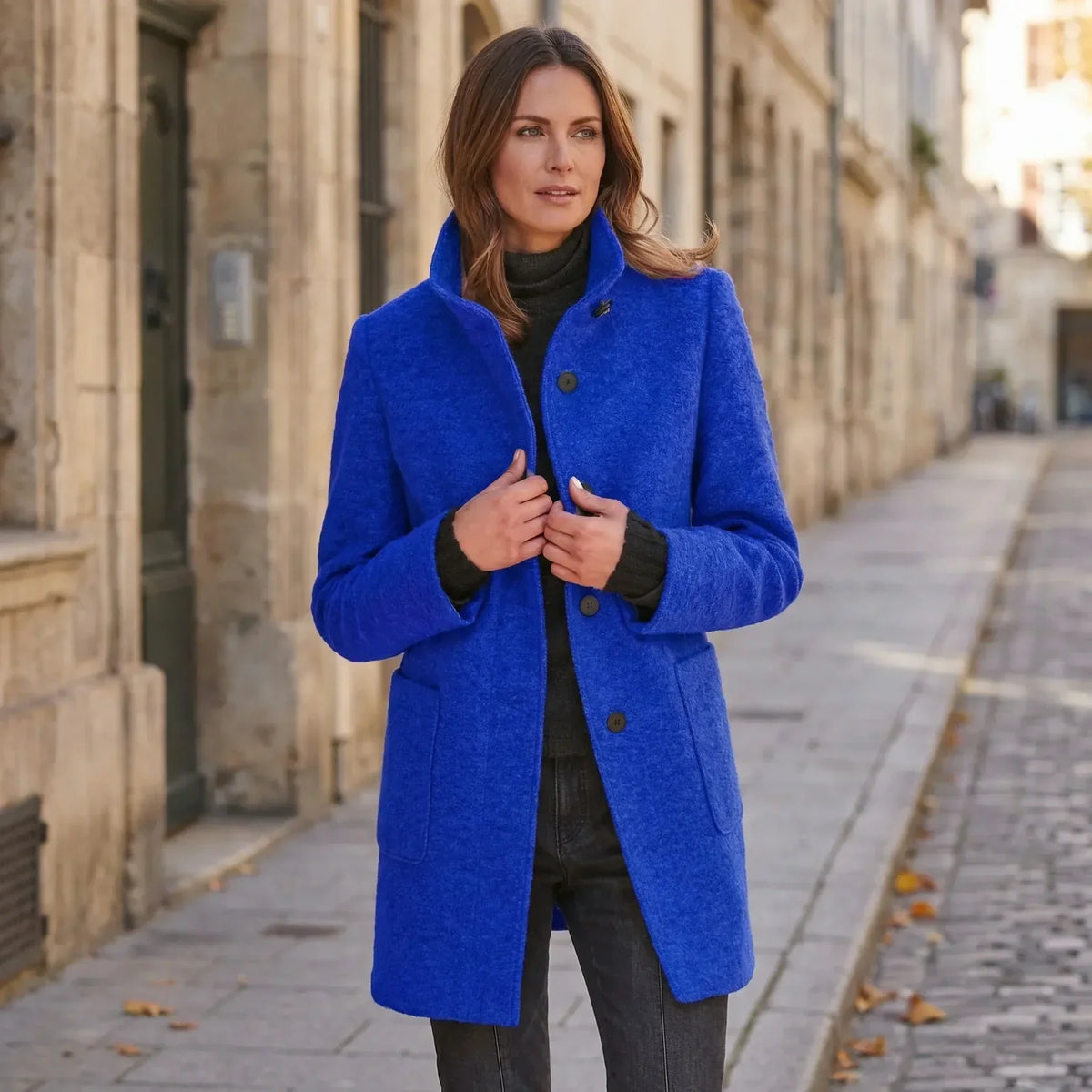 Manteau Mi-Long Femme - Col Montant avec Boutonnage Simple
