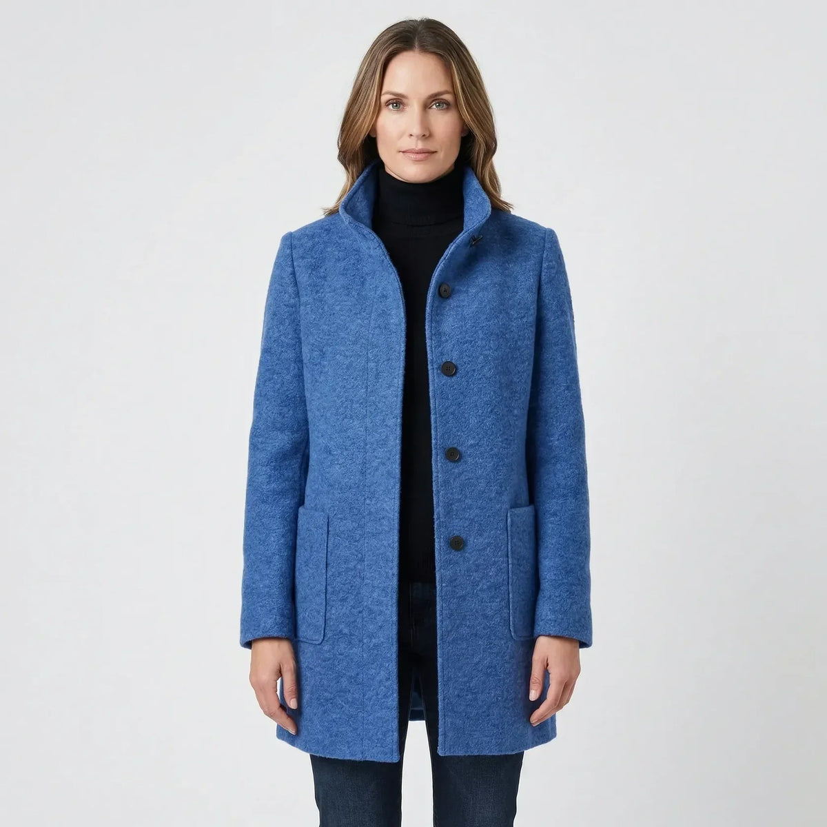 Manteau Mi-Long Femme - Col Montant avec Boutonnage Simple