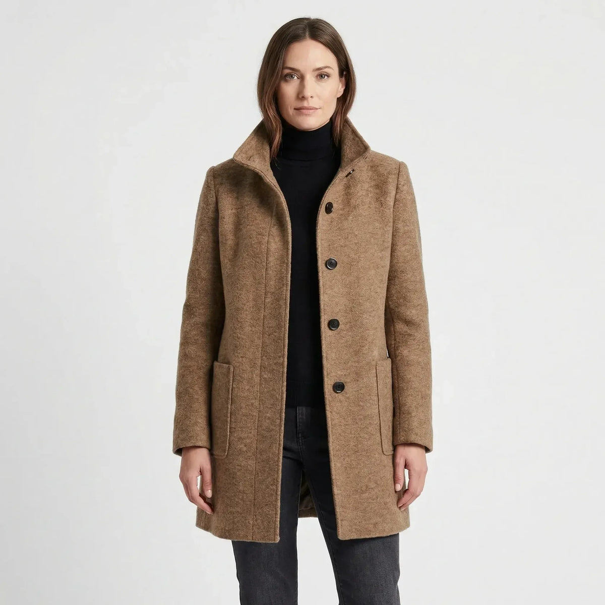 Manteau Mi-Long Femme - Col Montant avec Boutonnage Simple