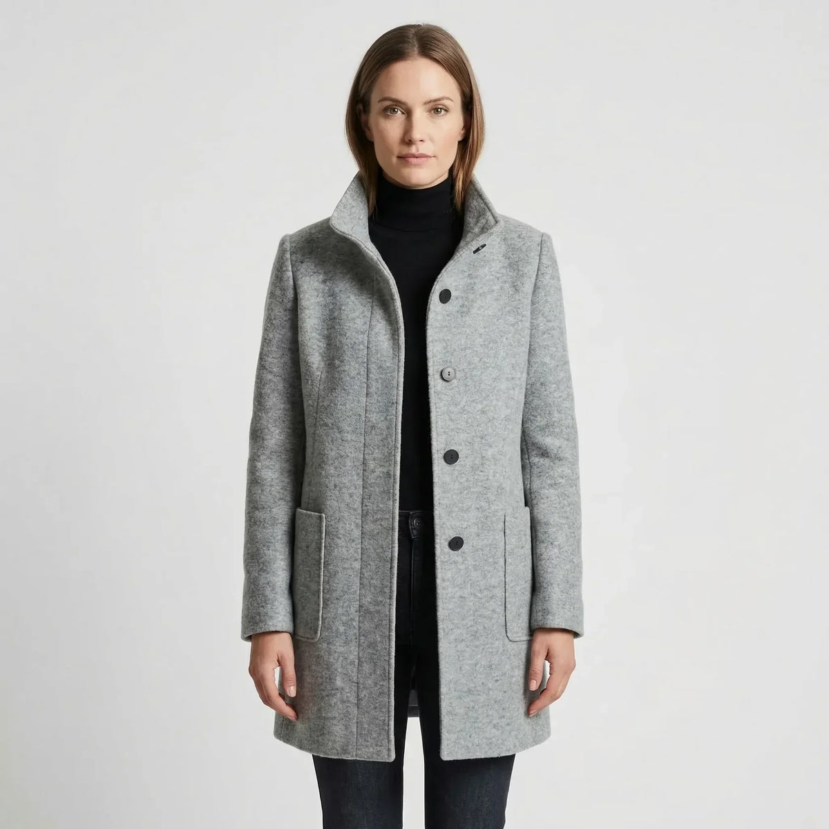 Manteau Mi-Long Femme - Col Montant avec Boutonnage Simple