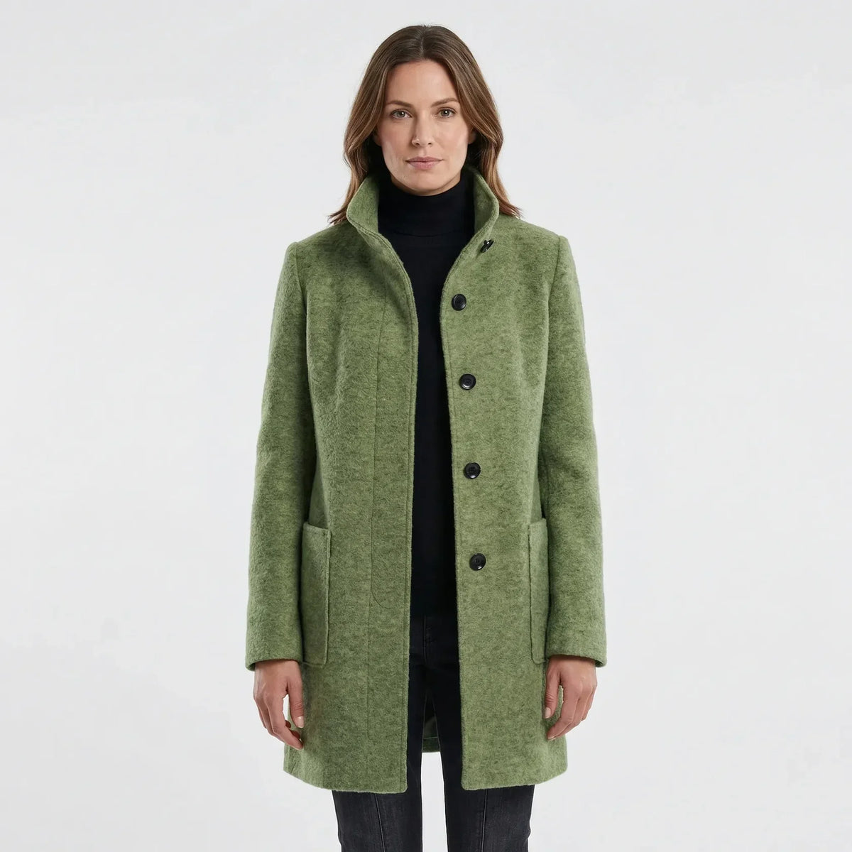 Manteau Mi-Long Femme - Col Montant avec Boutonnage Simple