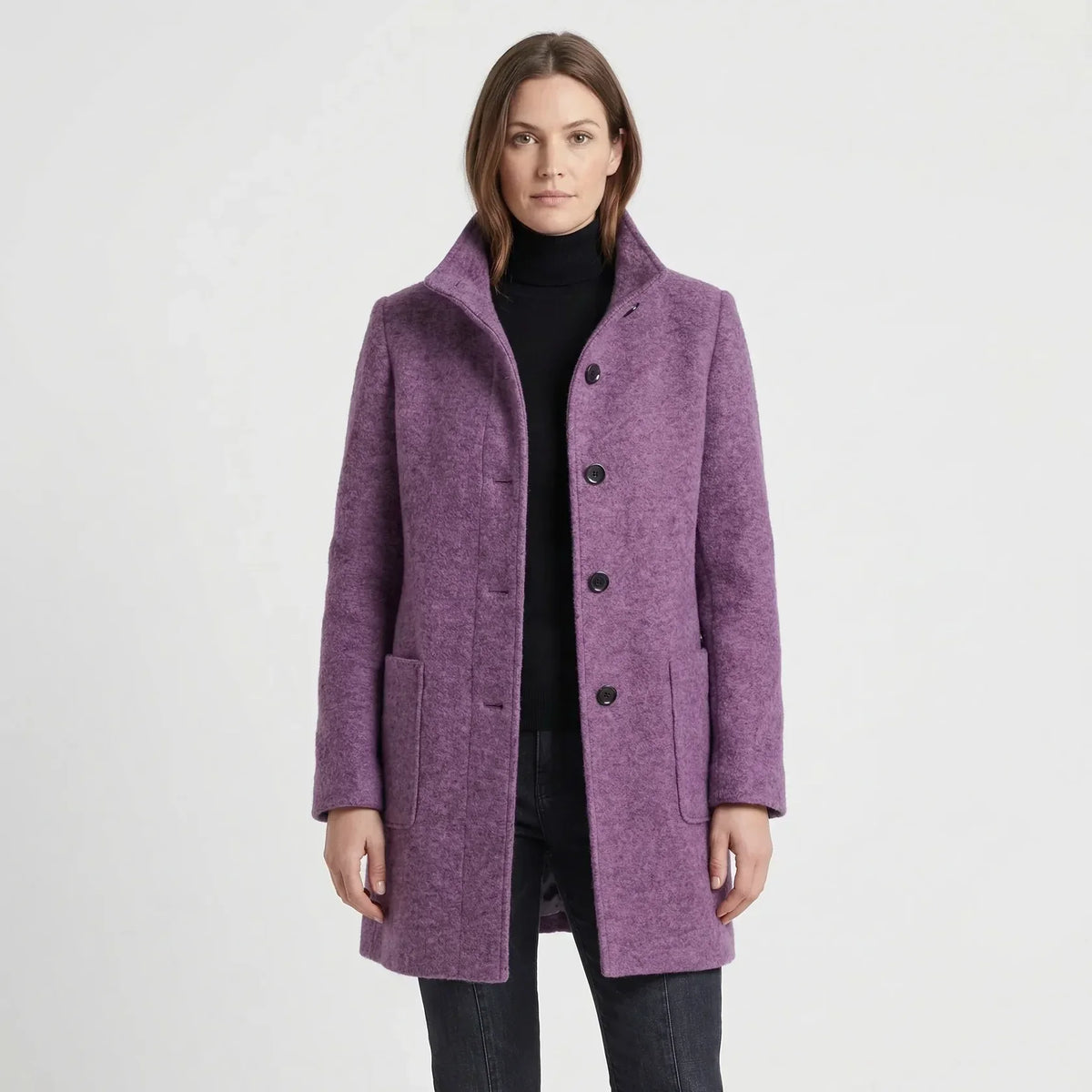 Manteau Mi-Long Femme - Col Montant avec Boutonnage Simple