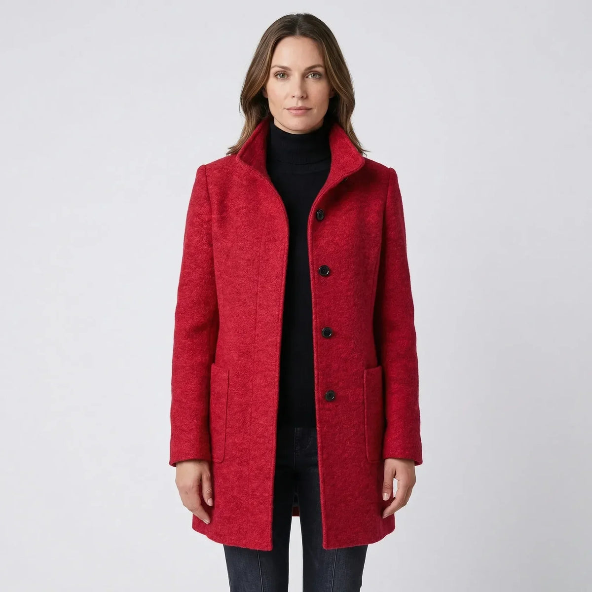 Manteau Mi-Long Femme - Col Montant avec Boutonnage Simple