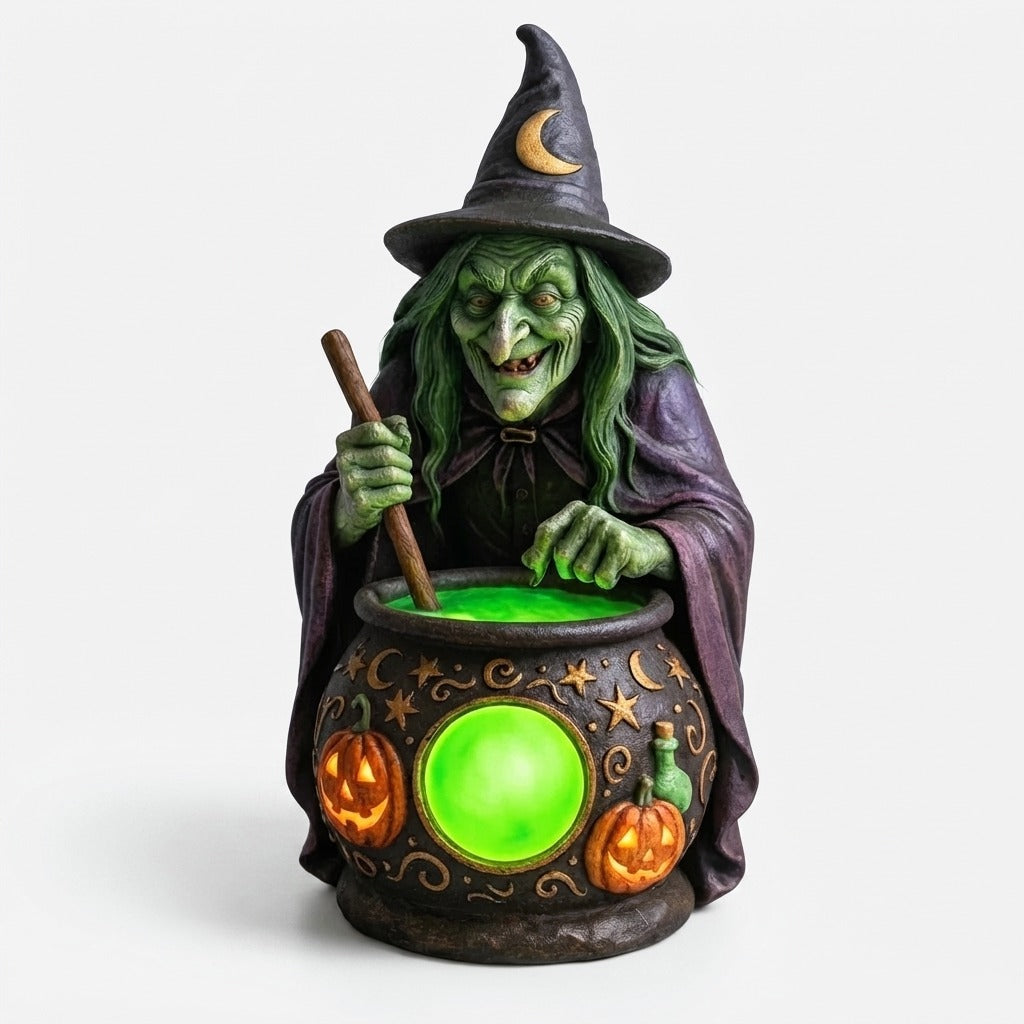 Lampe de Table Chaudron de Sorcière en Résine avec LED Verte Néon
