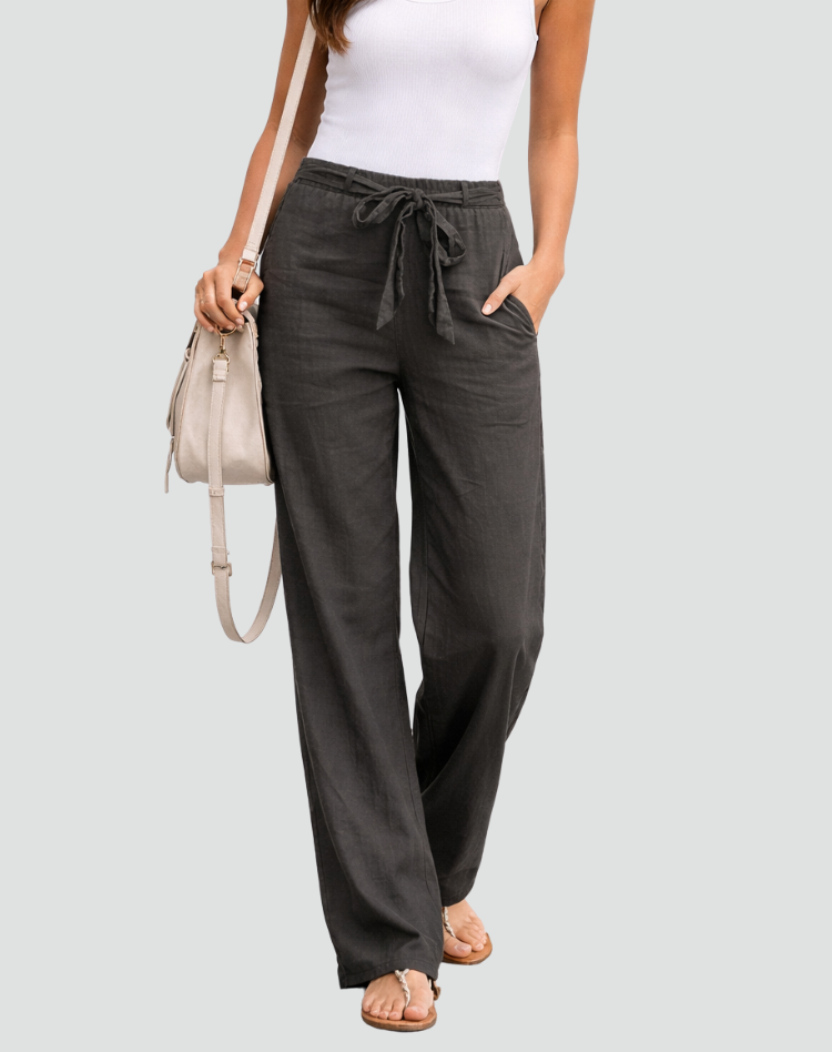Pantalon femme en lin, coupe large, taille à cordon, été
