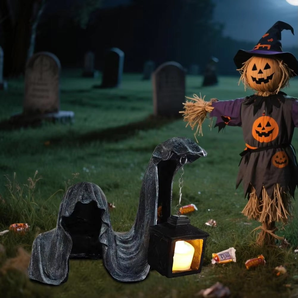 Figure de Fantôme avec Lanterne - Décoration Halloween Lumineuse Grise