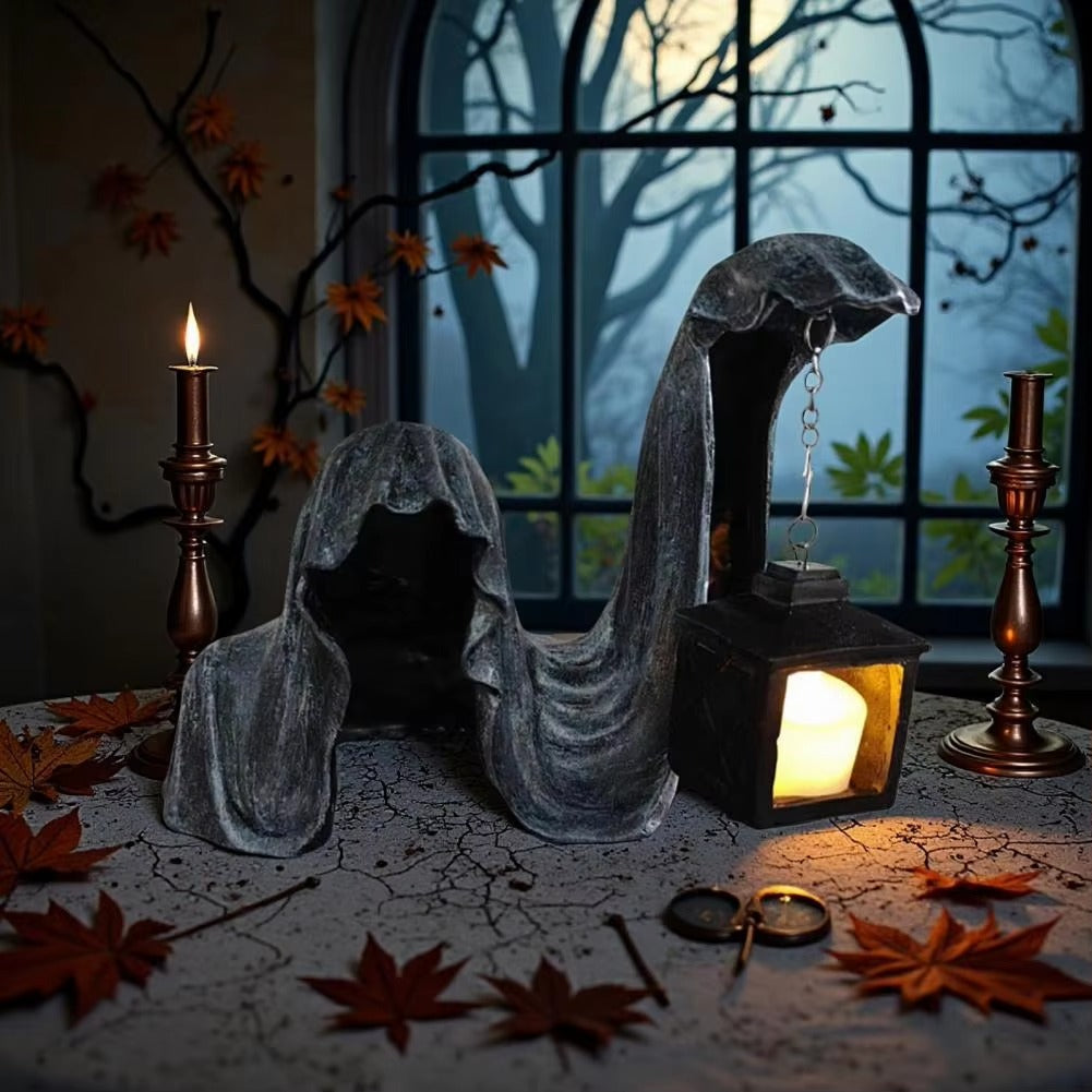 Figure de Fantôme avec Lanterne - Décoration Halloween Lumineuse Grise