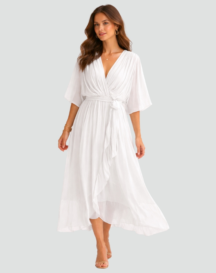 Robe midi femme pour occasion spéciale, cache-cœur et lien.