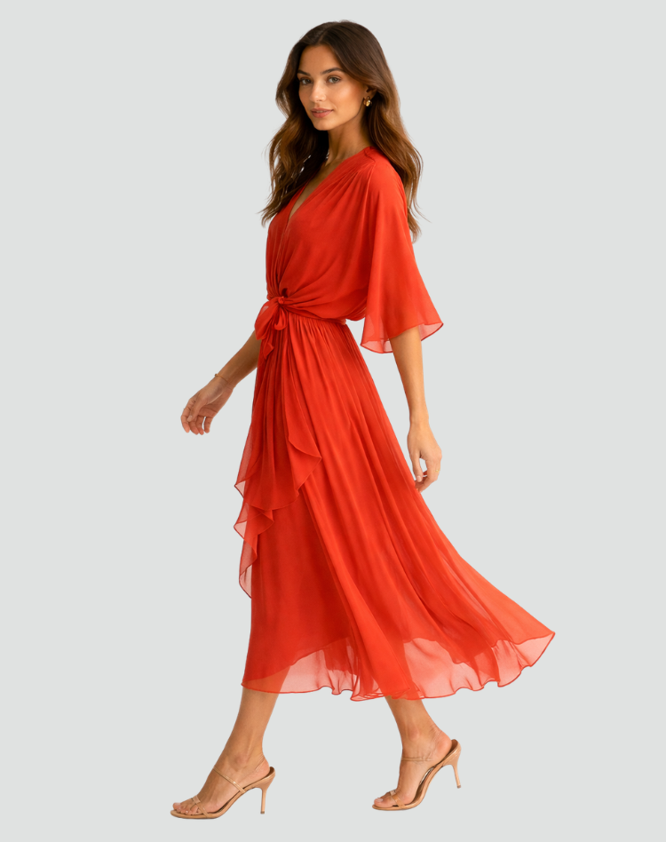 Robe midi femme pour occasion spéciale, cache-cœur et lien.