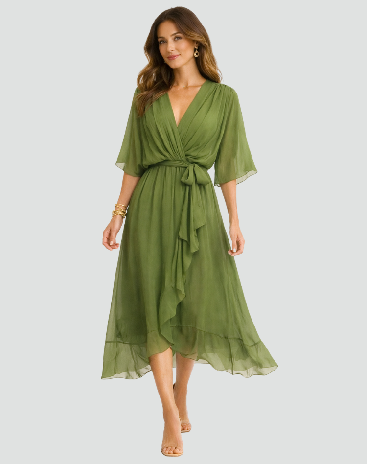 Robe midi femme pour occasion spéciale, cache-cœur et lien.