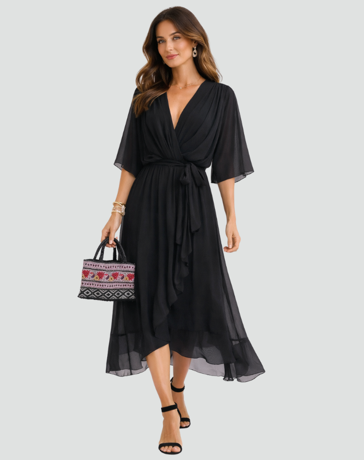 Robe midi femme pour occasion spéciale, cache-cœur et lien.