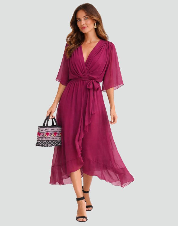 Robe midi femme pour occasion spéciale, cache-cœur et lien.