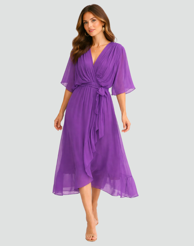 Robe midi femme pour occasion spéciale, cache-cœur et lien.