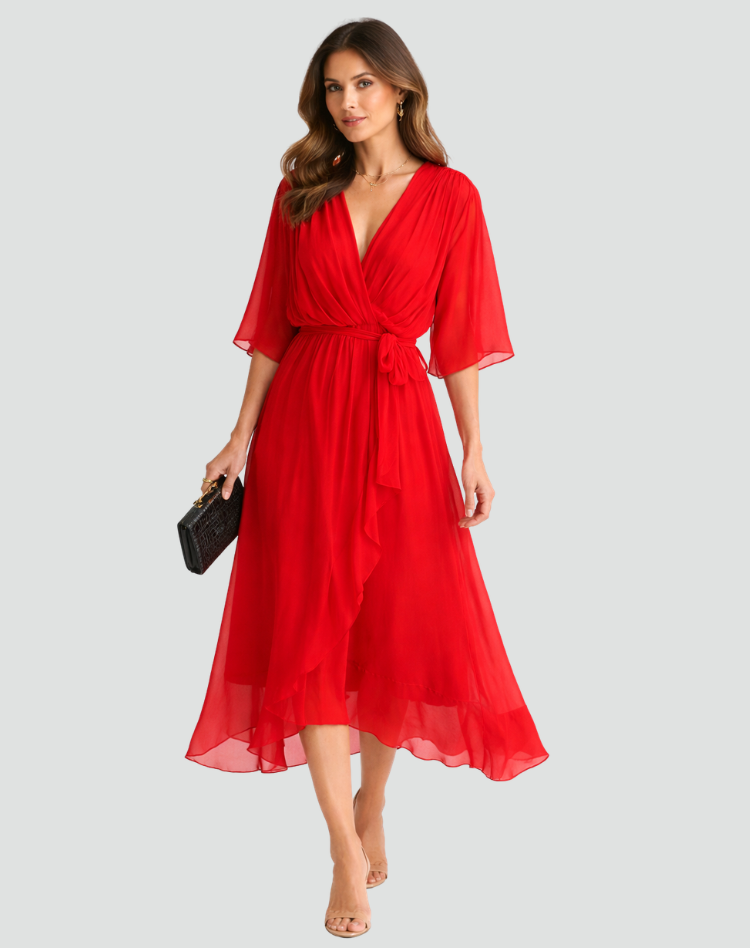 Robe midi femme pour occasion spéciale, cache-cœur et lien.