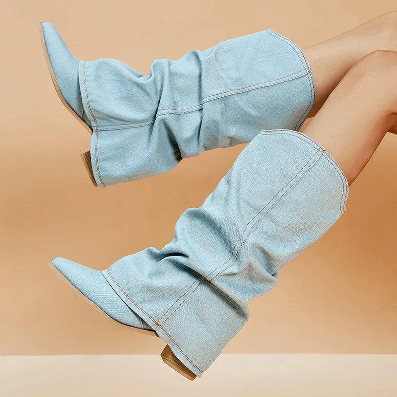 Bottes Hautes en Denim Pippa a Details Audacieux