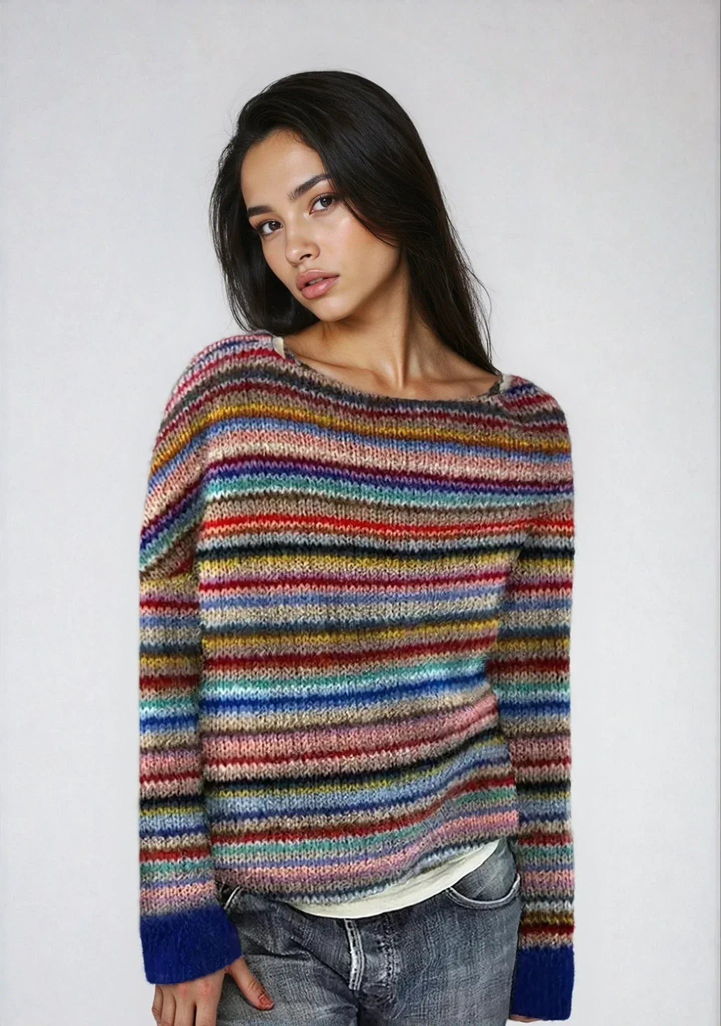 Damenpullover Retro Gestreift Bootsausschnitt Gestrickt Weiche Baumwolle