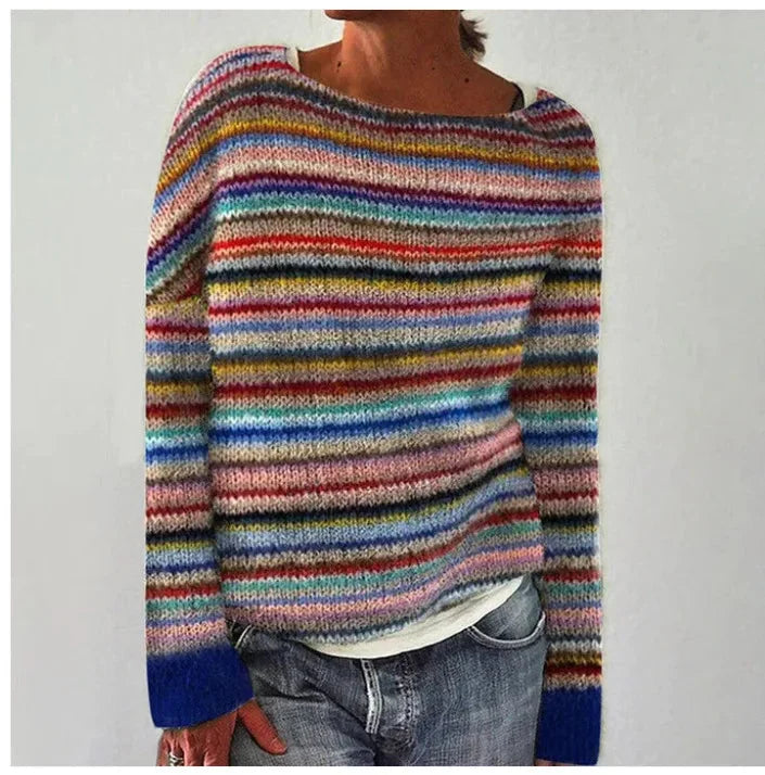 Damenpullover Retro Gestreift Bootsausschnitt Gestrickt Weiche Baumwolle