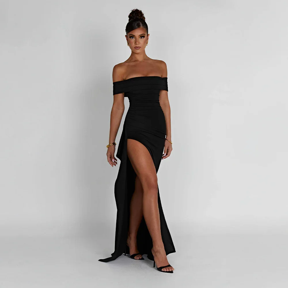 Robe Longue Femme Épaules Dénudées & Fente Élégante - Idéale