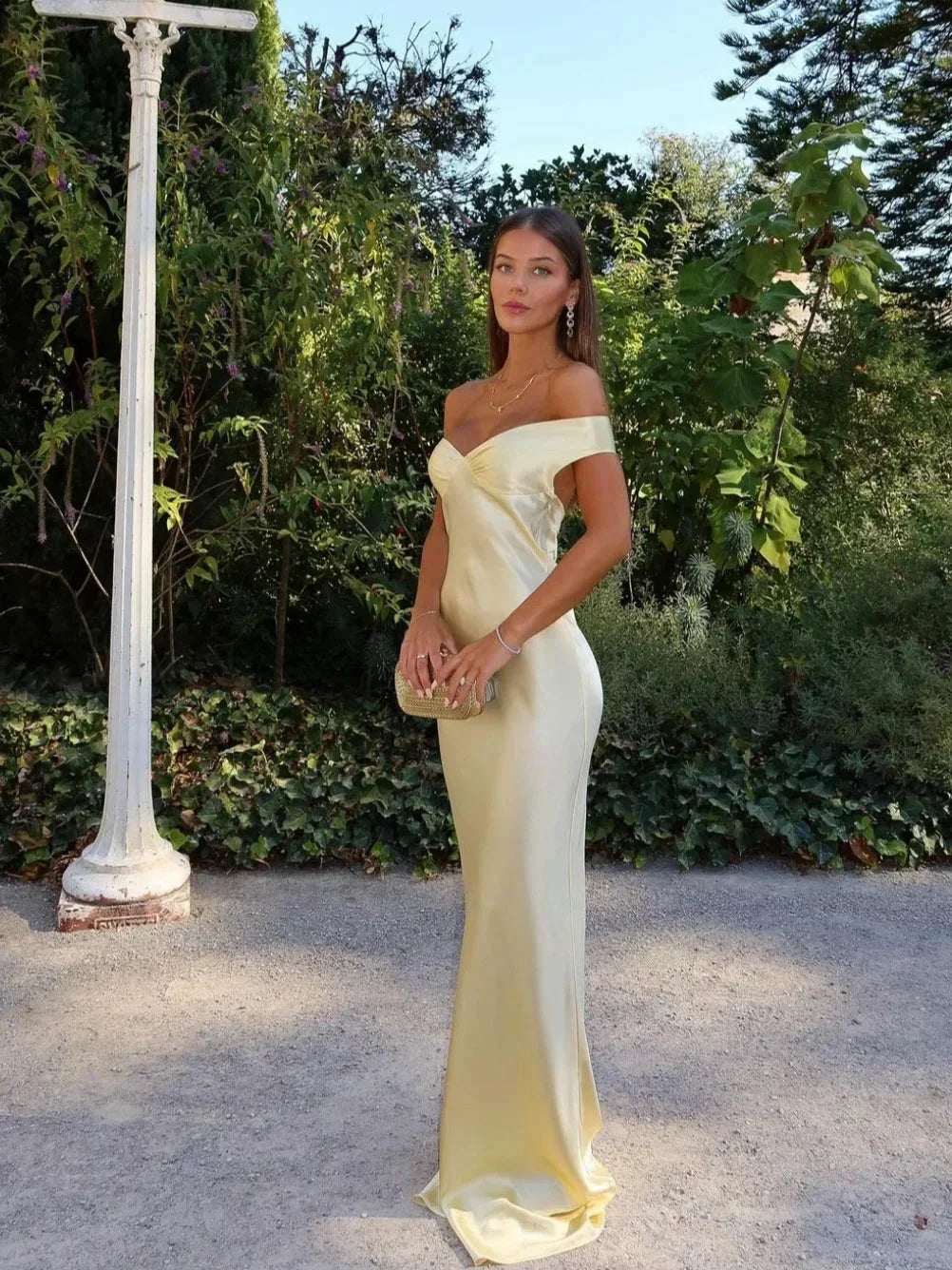 Maxikleid Damen Satin Senfgelb Schulterfrei für