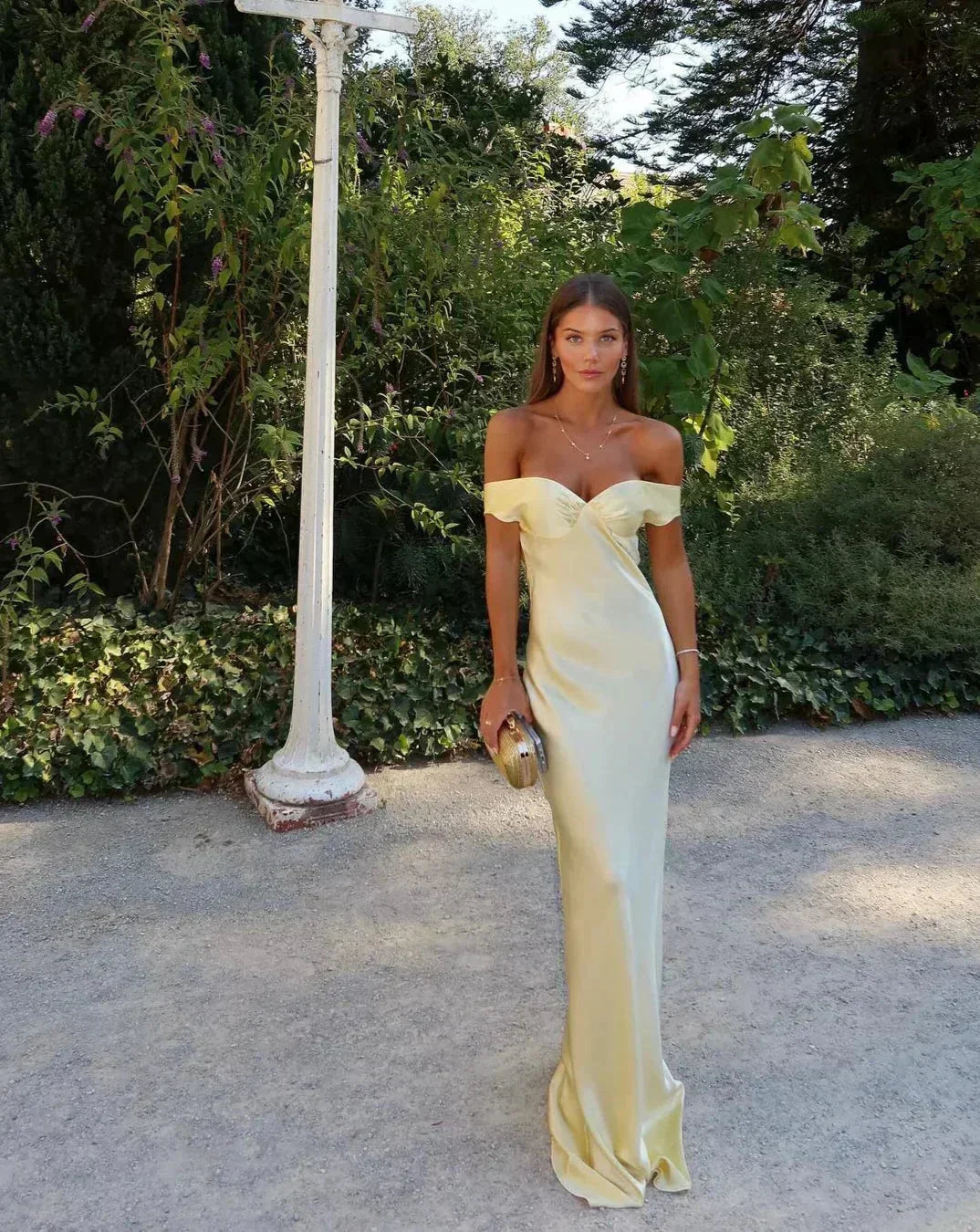 Maxikleid Damen Satin Senfgelb Schulterfrei für