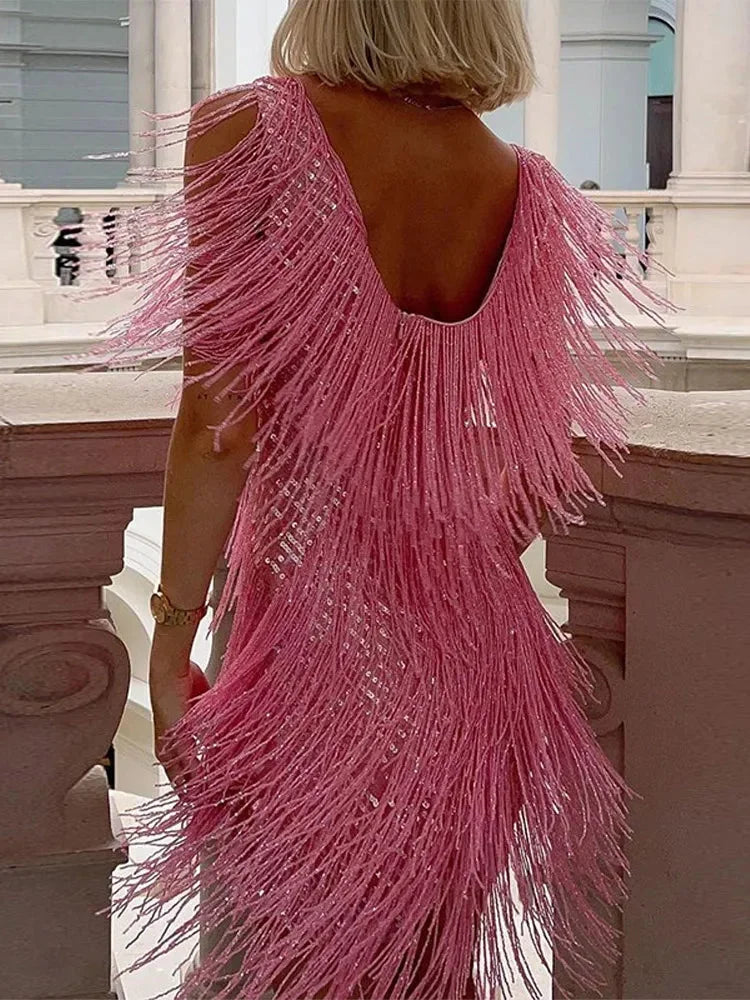 Robe soirée femme courte à franges brillantes sans manches