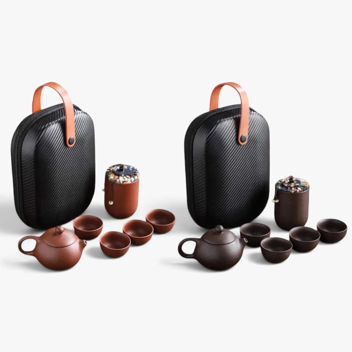 Roselva traditional travel tea sets with ceramic teapots, cups, and storage jars in protective carbon fiber cases.