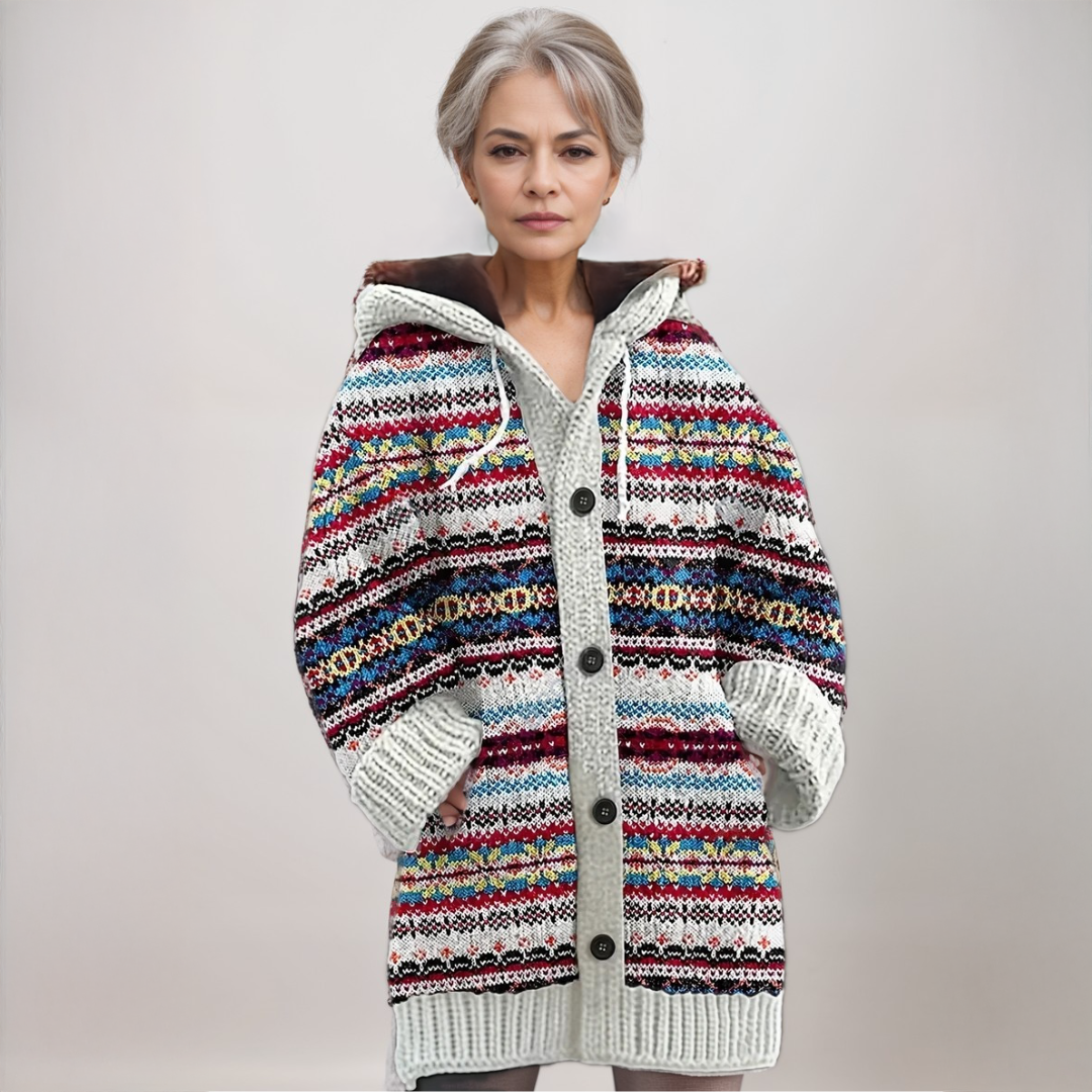 Cardigan en Maille à Capuche Femme Motif Fair Isle